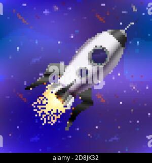 Helle Raumschiff, nette Rakete in Pixel Art Stil auf Weltraum-Hintergrund Stock Vektor
