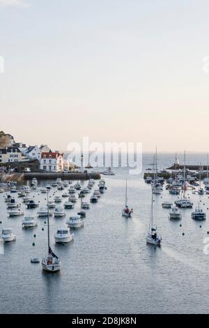 Morgenlicht am Hafen von Sauzon auf der Insel Belle Ile, Bretagne, Frankreich. Stockfoto