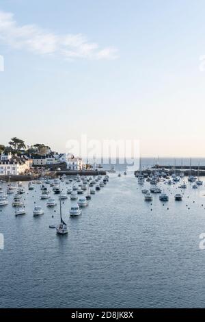 Morgenlicht auf dem Hafen von Sauzon auf der Insel Belle Ile, Bretagne, Frankreich. Stockfoto