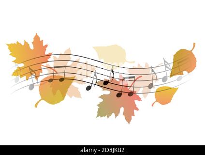 Herbstmelodien, Noten Illustration von welliger Notation mit Herbstblättern, die das Herbstlied symbolisieren. Vektor verfügbar. Stock Vektor