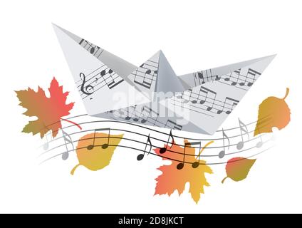 Origami-Boot mit musikalischen Noten und Herbstblättern. Abbildung des Papiermodells des Bootes mit Noten symbolisieren Herbstlied. Vektor verfügbar. Stock Vektor