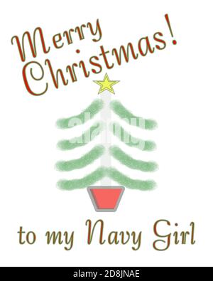 Frohe Weihnachten zu navy Mädchen Grußkarte Design auf einem weißen Hintergrund mit handgezeichneten Weihnachtsbaum.
