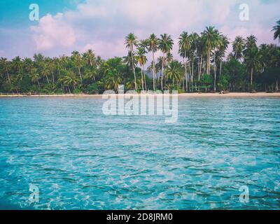 Wunderschöner tropischer Sandstrand mit hohen Palmen und türkisfarbenem Wasser, Koh Kood Island, Thailand Stockfoto