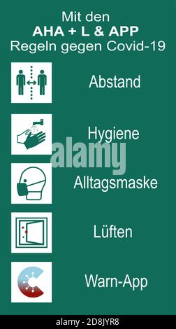 Unterschrift mit erweiterter AHA-Regel. Deutscher Text: 'Mit den AHA + L & App Regeln (Entfernung, Hygiene, Alltagsmaske, Belüftung, Warnungs-App) gegen Covid-19. Stock Vektor