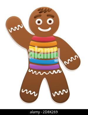 Gay Lebkuchen Mann winken - niedlich und süß weihnachtskekse mit Stolz Flagge farbige Zucker Zuckerguss T-Shirt. Abbildung auf Weiß. Stockfoto