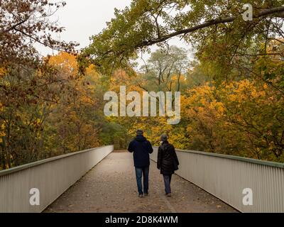 Warschau/ Polen - 25/10/2020 - zwei Personen gehen durch die Brücke im öffentlichen Park. Herbstzeit. Stockfoto