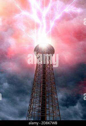 Illustration von Teslas Wardenclyffe Tower Labor. Der Wardenclyffe Tower wurde von dem serbisch-amerikanischen Physiker und Elektroingenieur Nikola Tesla (1856-1943) auf Long Island, New York, USA, ab 1901 gebaut. Es war für Teslas drahtlose Übertragungsexperimente gedacht, um mit dem erfundenen System zu konkurrieren Stockfoto