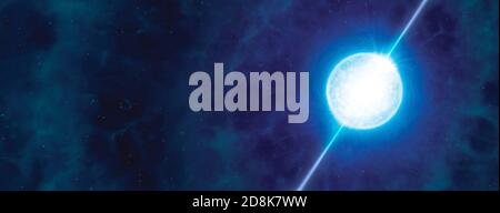 Kunstwerk eines Pulsars. Pulsare sind sehr schnell spinnende Neutronensterne â € "die toten Kerne der massiven Sterne â €" rotieren auf ihren Achsen oft Hunderte von mal pro Sekunde. Radio- und optische Strahlen der Strahlung, die von den Magnetpolen des Pulsars ausgestrahlt werden, blinken über unsere Sichtlinie und den Stern Stockfoto