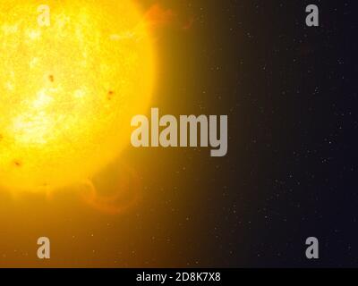 Active Sun-Grafik. Sonneneruptionen werden von der Oberfläche der Sonne aus gesehen. Dies sind Schleifen von Plasma (geladenes Gas), die von der Oberfläche ausgestoßen werden und Magnetfeldlinien folgen, bevor sie wieder auf die Oberfläche treffen. Mehrere Sonnenflecken (dunkel) sind auch auf der Sonne zu sehen. Dies sind kühlere Bereiche von Gas Stockfoto