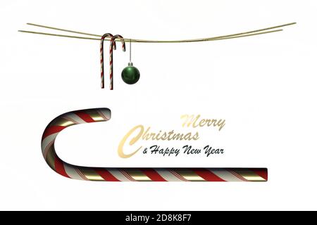 Weihnachten festliche Neujahr Hintergrund Rand auf weiß. Symbol des Weihnachtsfest. Zuckerrüben über Weiß. Text Frohe Weihnachten Frohes neues Jahr. Kopierbereich, isoliert, Rahmen, Kopfzeile. 3D-Rendering Stockfoto