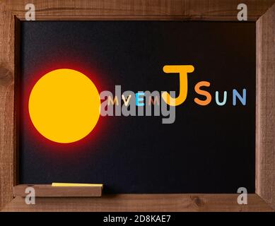 Foto einer kleinen Tafel mit MessageDas Sonnensystem auf einer schwarzen Tafel dargestellt, die Planeten sind mit Buchstaben dargestellt Stockfoto