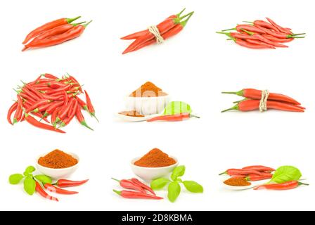Collage aus Cayennepfeffer isoliert auf weißem Hintergrund Stockfoto