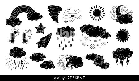 Wettergliphe schwarz eingestellt. Doodle Sonne und Wolken, Regen oder Schnee, Blitz, Mond und Stern, Regenbogen. Natursymbole für vorhergesagtes Wetter. Meteorologische Infografiken skizzieren Zeichen. Vektorgrafik Stock Vektor