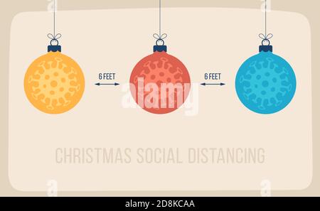 Keep Social Distance Merry Christmas Banner mit flachen Cartoon-Baum-Ball. Vektorgrafik. Stock Vektor