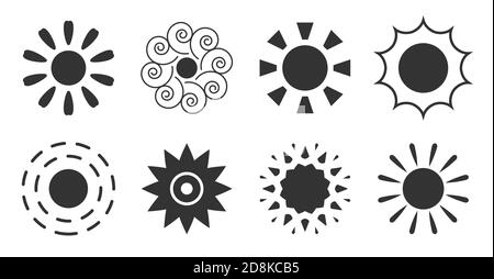 Symbole für Glyphen Sun sind gesetzt. Einfache schwarze Silhouette Zeichen warmen Sommermorgen. Grafisches Symbol Wetter-Piktogramm mit Strahl. Logo Design Vorlage für Meteorologie Web-App. Isoliert auf weißer Vektorgrafik Stock Vektor