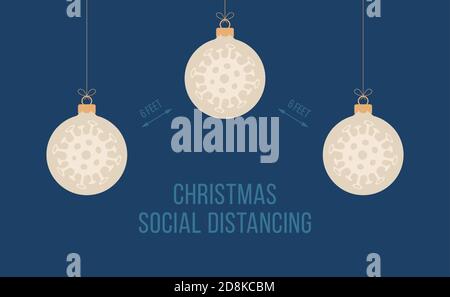 Keep Social Distance Merry Christmas Banner mit flachen Cartoon-Baum-Ball. Vektorgrafik. Stock Vektor