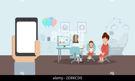 Blank Screen Mobile in der Zahnklinik mit Zahnarzt und Patient Vektor-Illustration mit flachem Design Stock Vektor