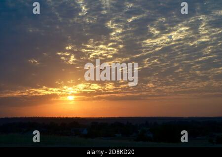 Pinkblauer Himmel mit Perlenwolken und einem fliegenden Vogel zum Sonnenuntergang, der untergehenden Sonne. Stockfoto