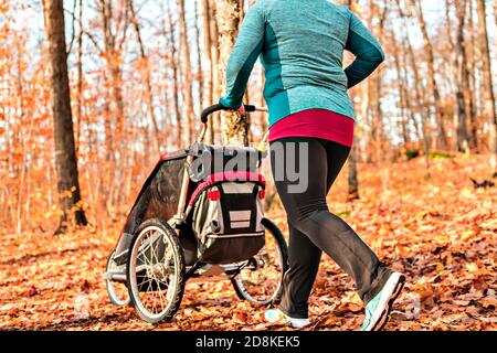 Kinderwagen Frau läuft in einem Herbstpark sie laufen ein Rennen oder trainieren Sie in einem gesunden Outdoor-Lifestyle-Konzept Stockfoto