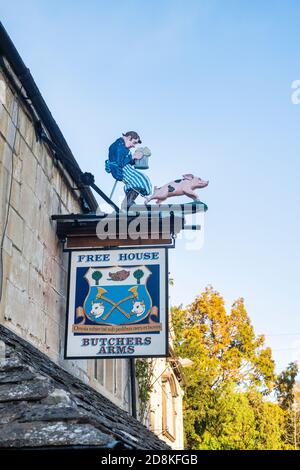 Metzgerei Arme Pub-Schild. Sheepscombe, Cotswolds, Gloucestershire, England Stockfoto