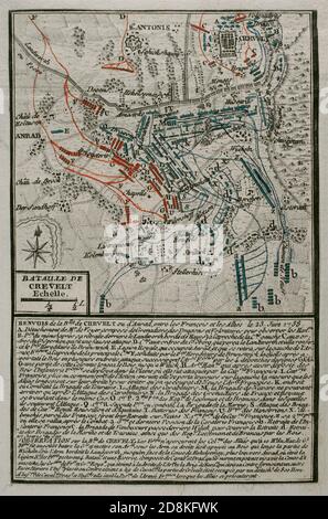 Plano de la'Batalla de Krefeld' (Batalla de Crefeld). 23 de junio de 1758. Enfrentó a tropas prusiano-hannoverianas, al mando de Fernando de Brunswick-Lüneburg, contra fuerzas francesas comandadas por Luis de Borbón-Condé, Conde de Clermont. Grabado publicado en 1765 por el cartógrafo Jean de Beaurain (1696-1771) como ilustración de su Gran Mapa de Alemania, con los eventos que tuvieron lugar durante la Guerra de los Siete Años. Guerra de 1755 A 1763. Edición francesa, 1765. Bibioteca Histórico Militar de Barcelona. Cataluña, España. Stockfoto