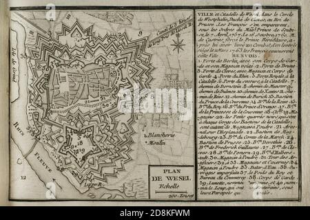 Plano de Wesel y de su ciudadela (Renania del Norte-Westfalia, Alemania). Guerra de 1755 A 1763. Publicado en 1765 por el cartógrafo Jean de Beaurain (1696-1771) como ilustración de su Gran Mapa de Alemania, con los eventos que tuvieron lugar durante la Guerra de los Siete Años. Edición francesa, 1765. Biblioteca Histórico Militar de Barcelona, Cataluña, España. Stockfoto