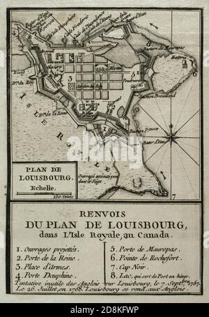 Plano de Luisburgo (Louisbourg), Canadá. Grabado publicado en 1765 por el cartógrafo Jean de Beaurain (1696-1771) como ilustración de su Gran Mapa de Alemania, con los eventos que tuvieron lugar durante la Guerra de los Siete Años. Guerra de 1755 A 1763. Edición francesa, 1765. Bibioteca Histórico Militar de Barcelona. Cataluña, España. Stockfoto