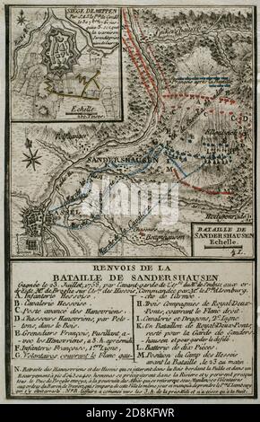 Plano de la'Batalla de Sandershausen' (23 de julio de 1758). Grabado publicado en 1765 por el cartógrafo Jean de Beaurain (1696-1771) como ilustración de su Gran Mapa de Alemania, con los eventos que tuvieron lugar durante la Guerra de los Siete Años. Guerra de 1755 A 1763. Edición francesa, 1765. Bibioteca Histórico Militar de Barcelona. Cataluña, España. Stockfoto