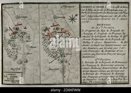 Combat de Mehr, cerca de la ciudad de Rees, en Westfalia, entre el cuerpo aliado de Hannoverienses al mando del General Imhoff, y los franceses bajo el mando del lugarteniente General de Chevert, el 5 de agosto de 1768. Grabado publicado en 1765 por el cartógrafo Jean de Beaurain (1696-1771) como ilustración de su Gran Mapa de Alemania, con los eventos que tuvieron lugar durante la Guerra de los Siete Años. Guerra de 1755 A 1763. Edición francesa, 1765. Bibioteca Histórico Militar de Barcelona. Cataluña, España. Stockfoto