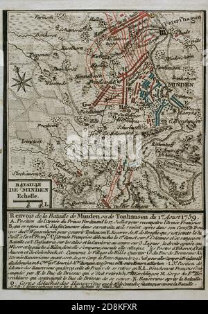 Batalla de Minden (1 de agosto de 1759). Guerra de los Siete Años. El ejército anglo-hannoveriano, dirigido por el duque Fernando de Brunswick, venció a las tropas franco-sajonas. Grabado publicado en 1765 por el cartógrafo Jean de Beaurain (1696-1771) como ilustración de su Gran Mapa de Alemania, con los eventos que tuvieron lugar durante la Guerra de los Siete Años. Guerra de 1755 A 1763. Edición francesa, 1765. Bibioteca Histórico Militar de Barcelona. Cataluña, España. Stockfoto