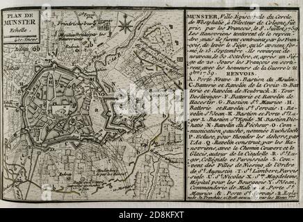 Plano de Münster. Guerra de los Siete Años. Ciudad Episcopal del círculo Imperial de Westfalia, Kurfürst de Colonia. Fué tomada por los franceses el 8 de julio de 1759. Los hannoverianos intentaron recuperala pero los franceses obligaron a levantar el asedio que habían formado el 15 de septiembre. Volvieron de nuevo el 30 de octubre, y tras un asedio de viente días, los franceses salieron con los honores de la guerra el 21 de noviembre de 1759. Grabado publicado en 1765 por el cartógrafo Jean de Beaurain (1696-1771) como ilustración de su Gran Mapa de Alemania, con los eventos que tuvieron luga Stockfoto