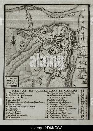 Plano de Quebec, Canadá (Colonia francesa del virreinato de la Nueva Francia). Grabado publicado en 1765 por el cartógrafo Jean de Beaurain (1696-1771) como ilustración de su Gran Mapa de Alemania, con los eventos que tuvieron lugar durante la Guerra de los Siete Años. Guerra de 1755 A 1763. Edición francesa, 1765. Biblioteca Histórico Militar de Barcelona, Cataluña, España. Stockfoto