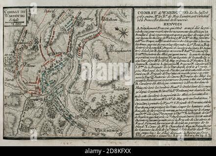 Batalla de Warburg. Tuvo lugar el 31 de julio de 1760, durante la Guerra de los Siete Años. Enfrentó al ejército francés de Louis de Félix Ollieres contra los ejércitos aliados de Brunswick, Hessen-Kasselg de Hannover y el Reino de Gran Bretaña, dirigidos por el príncipe Ferdinand de Brunswick. Los franceses resultaron derrotados. Grabado publicado en 1765 por el cartógrafo Jean de Beaurain (1696-1771) como ilustración de su Gran Mapa de Alemania, con los eventos que tuvieron lugar durante la Guerra de los Siete Años. Guerra de 1755 A 1763. Edición francesa, 1765. Bibioteca Histórico Militar de Stockfoto