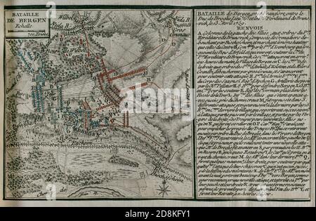 Batalla de Bergen. Tuvo lugar el 13 de abril de 1759, durante la Guerra de los Siete Años. Enfrentó a las tropas hannoverianas dirigidas por el príncipe Ferdinand de Brunswick-Lüneburg, y el ejército francés al mando del mariscal de Broglie, con victoria francesa. Grabado publicado en 1765 por el cartógrafo Jean de Beaurain (1696-1771) como ilustración de su Gran Mapa de Alemania, con los eventos que tuvieron lugar durante la Guerra de los Siete Años. Guerra de 1755 A 1763. Edición francesa, 1765. Bibioteca Histórico Militar de Barcelona. Cataluña, España. Stockfoto