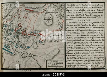 Batalla de Corbach o Korbach (10 de julio de 1760). Tuvo lugar en el transcurso de la Guerra de los Siete Años, en una ciudad hanseática de Waldeck-Frankenberg, en el norte de Hesse, Alemania. Las tropas francesas, dirigidas por el mariscal Victor-François, segundo duque de Broglie, se impusieron a los hannoverianos, británicos y sus aliados que estaban comandados por Ferdinand, duque de Brunswick. Grabado publicado en 1765 por el cartógrafo Jean de Beaurain (1696-1771) como ilustración de su Gran Mapa de Alemania, con los eventos que tuvieron lugar durante la Guerra de los Siete Años. Guerra Stockfoto