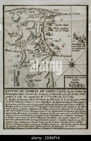 Batalla de Saint-Cast. Enfrentamiento bélico durante la Guerra de los Siete Años. Tuvo lugar el 11 de septiembre de 1758 en las costas de Bretaña, entre tropas navales y terrestres británicas y fuerzas de defensa de la costa de Francia, comandadas por el Duque de Aiguillon, resultando vencedores los franceses. Grabado publicado en 1765 por el cartógrafo Jean de Beaurain (1696-1771) como ilustración de su Gran Mapa de Alemania, con los eventos que tuvieron lugar durante la Guerra de los Siete Años. Guerra de 1755 A 1763. Edición francesa, 1765. Bibioteca Histórico Militar de Barcelona. Cataluña, Stockfoto