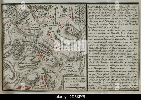 Batalla de Lutterberg (10 de octubre de 1758). Enfrentamiento acaecido durante la Guerra de los Siete Años. Combatieron tropas francesas, dirigidas por el príncipe Soubise, que vencieron a un contingente menor de soldados hannoverienses y mercenarios hessianos, al mando del General Cristoph Ludwig von Oberg. Grabado publicado en 1765 por el cartógrafo Jean de Beaurain (1696-1771) como ilustración de su Gran Mapa de Alemania, con los eventos que tuvieron lugar durante la Guerra de los Siete Años. Guerra de 1755 A 1763. Edición francesa, 1765. Bibioteca Histórico Militar de Barcelona. Cataluña, E Stockfoto