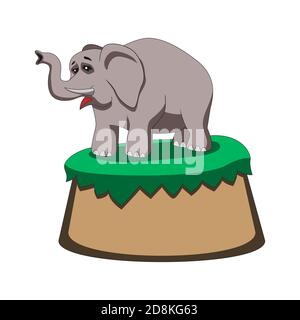 Cartoon Elefant hält seinen Rüssel hoch, während er auf einem Hügel auf einem weißen isolierten Hintergrund steht. Vektorbild Stock Vektor