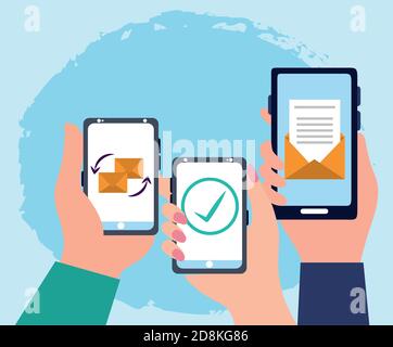 Menschen Hände mit Smartphone E-Mail, sms, SMS, Kommunikation Vektor Illustration Stock Vektor