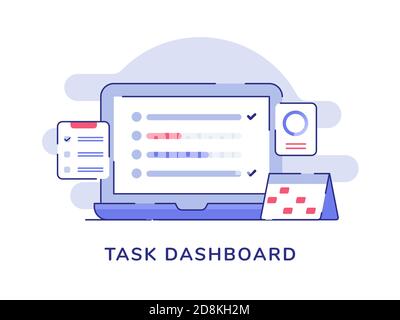 Aufgabe Dashboard Konzept Checkliste auf Display Laptop Monitor Kalender Zwischenablage weiß isolierter Hintergrund mit flacher Farbe Umriss Stil Stock Vektor