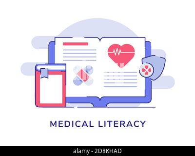 Medical Literacy Konzept Buch öffnen Herzschlag Verband Bild auf Seite Weißer isolierter Hintergrund mit flacher Farbumrandung Stock Vektor