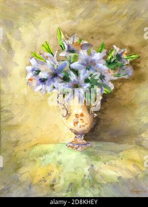 Gescannte Original Aquarell Gemälde mit Blumen. Stockfoto