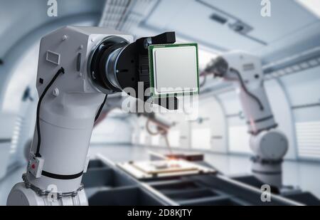 3D-Rendering von Roboterhand, der CPU-Chip im Werk hält Stockfoto