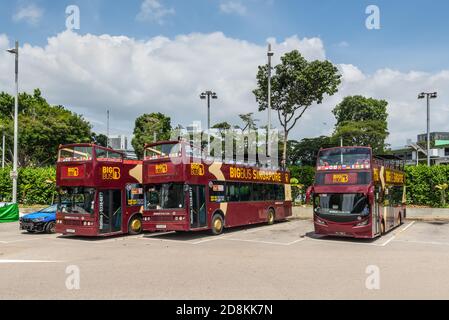 Singapur - 4. Dezember 2019: Singapur Sightseeing Tour Busse, Hop On, Hop Off Bus Tours, Big Bus Tours warten auf Touristen in Singapur Stockfoto