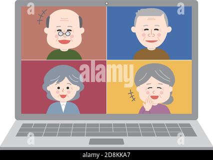 Menschen lachen viel mit einer Online-Party auf dem Laptop. Vektorgrafik isoliert auf weißem Hintergrund. Stock Vektor