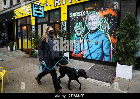 (201031) -- PEKING, 31. Oktober 2020 (Xinhua) -- EINE Frau, die eine Gesichtsmaske trägt, geht mit ihrem Hund an einem Wandgemälde von Anthony Fauci, Direktor des US National Institute of Allergy and Infectious Disease, in New York, USA, 30. Oktober 2020, vorbei. Die Gesamtzahl der COVID-19-Fälle in den Vereinigten Staaten überstieg am Freitag 9 Millionen, so das Center for Systems Science and Engineering (CSSE) an der Johns Hopkins University. Die US-amerikanische COVID-19-Fallzahl stieg auf 9,007,298, wobei die nationale Zahl der Todesopfer laut CSSE um 15:24 Uhr Ortszeit (1924 GMT) 229,293 erreichte. (Xinhua/Wang Ying) Stockfoto