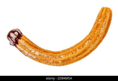 Churro-Stick isoliert. Gebratener Teig mit Zucker und Schokoladensauce Dip auf weißem Hintergrund. Draufsicht Stockfoto