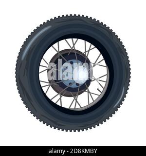 Reifen isoliert auf weißem Hintergrund.Nizza alten Retro-Rad mit Speichen für alte Auto.Reparatur und Vulkanisierung, Wartung Service-Logo oder Symbol.Stock Vektor Stock Vektor