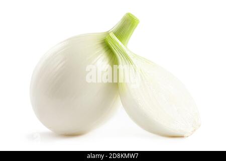 Frische Zwiebelgemüse und Zwiebelscheiben isoliert auf weißem Hintergrund, Nahaufnahme Stockfoto