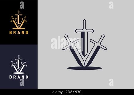 Drei Schwert Logo Design-Konzept Vorlage, moderne und elegante Markenidentität. Stock Vektor